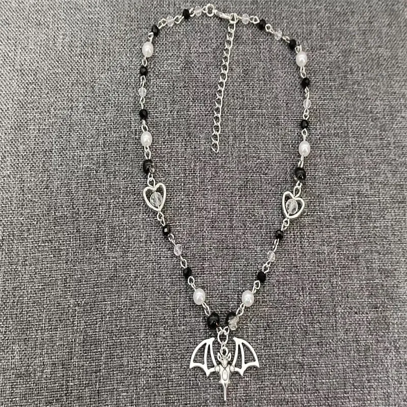 handmade white and black glass pearl beads and crackle beads rosary style necklace
